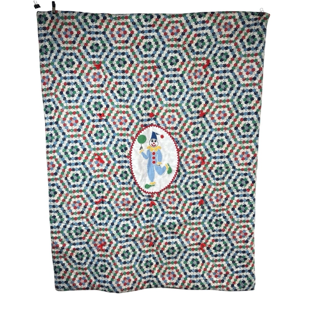 VTG Handmade Clown Balloons Primary Colors Baby Crib‎ Comforter Tapestry Circus